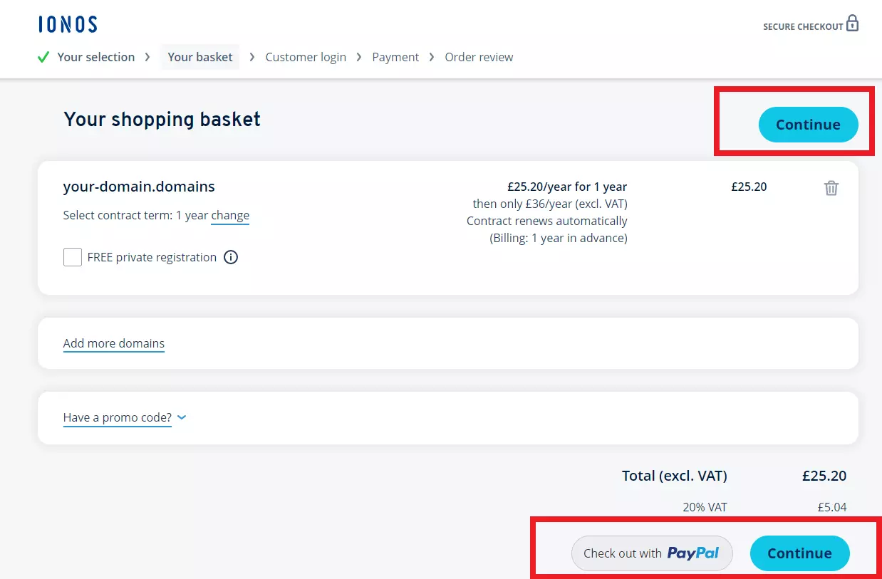 Image: How to buy a domain name with IONOS: shopping cart